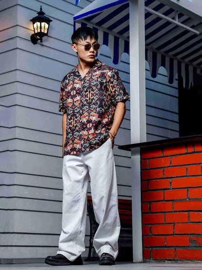 House Of Koala Black Relaxed Fit Floral Printed Cuban Collar Resort Shirt