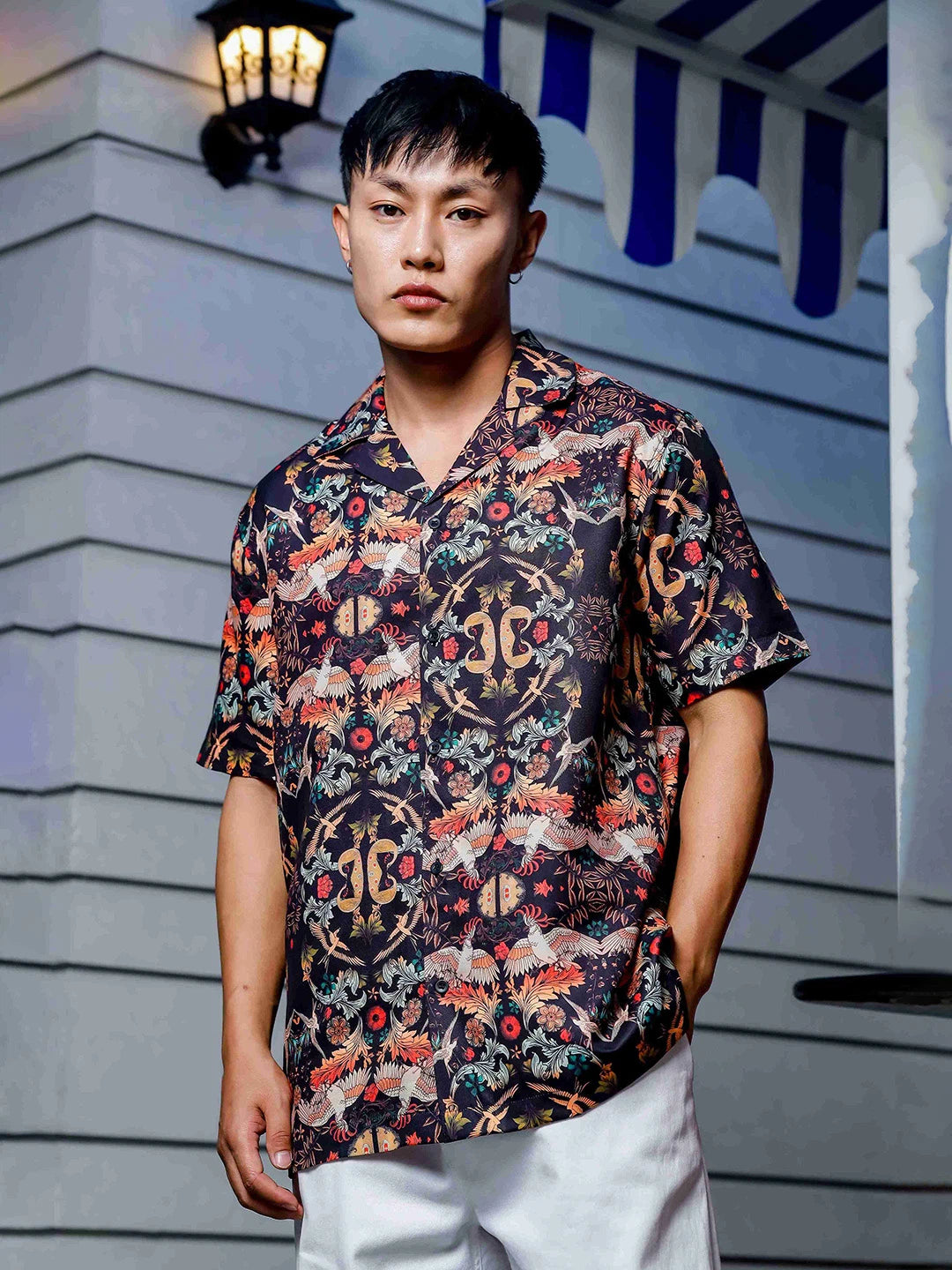 House Of Koala Black Relaxed Fit Floral Printed Cuban Collar Resort Shirt