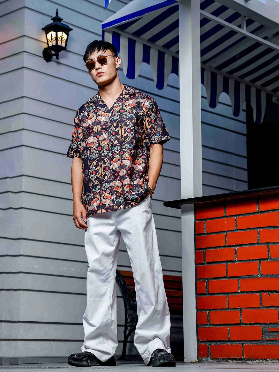 House Of Koala Black Relaxed Fit Floral Printed Cuban Collar Resort Shirt