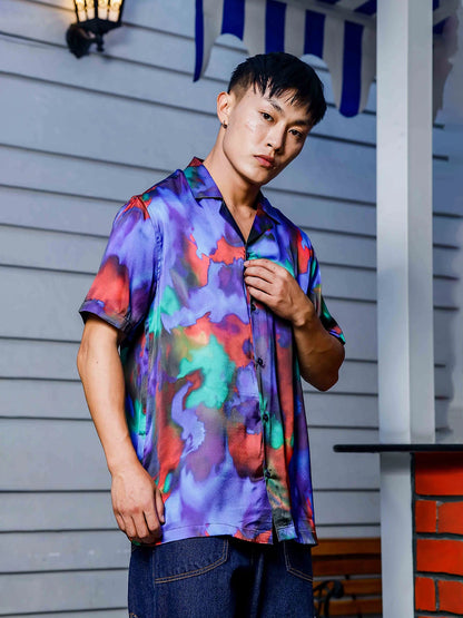 House Of Koala Blue Satin Abstract Print Cuban Collar Oversized Party Wear Shirt
