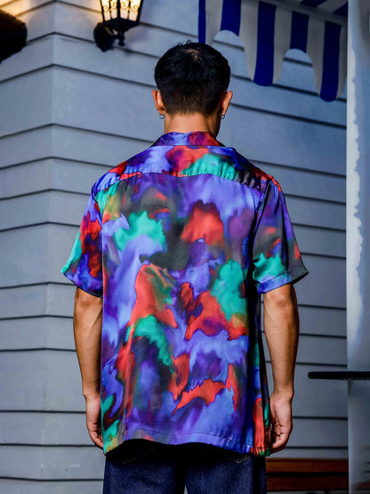 House Of Koala Blue Satin Abstract Print Cuban Collar Oversized Party Wear Shirt