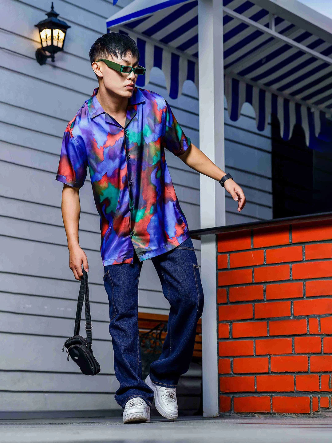 House Of Koala Blue Satin Abstract Print Cuban Collar Oversized Party Wear Shirt