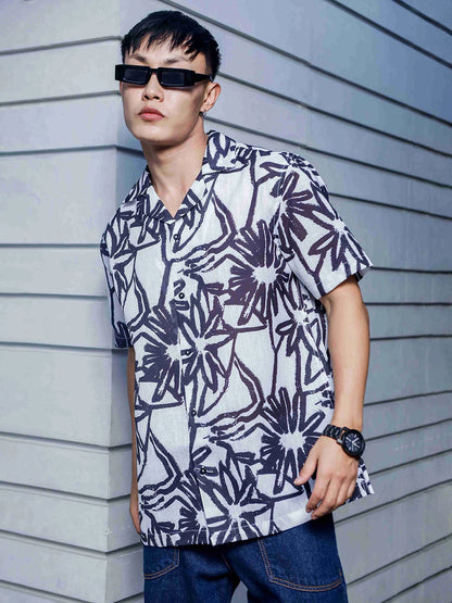 House Of Koala Abstract Floral Print Linen Blend Cuban Collar Oversized Resort Shirt