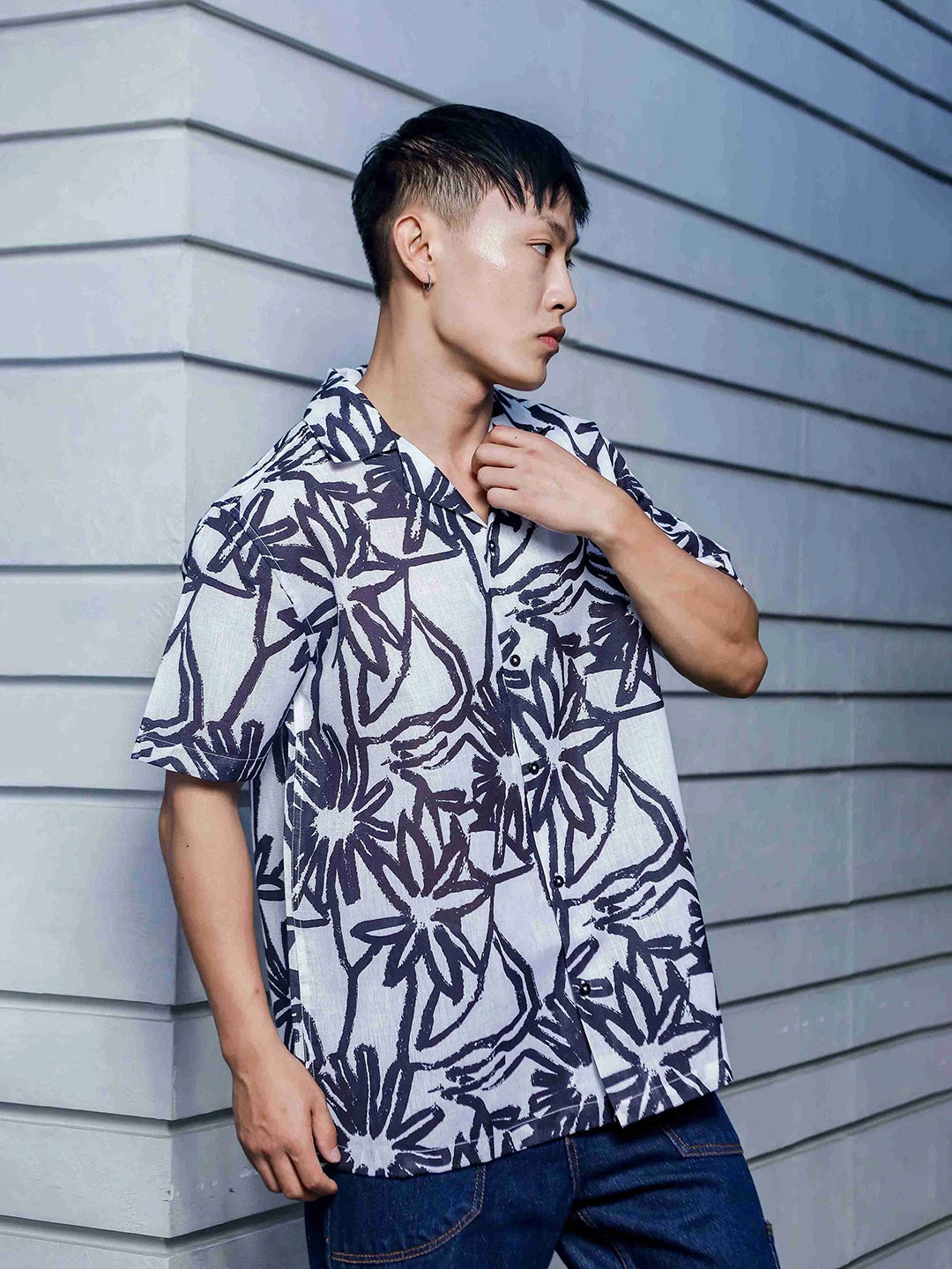 House Of Koala Abstract Floral Print Linen Blend Cuban Collar Oversized Resort Shirt