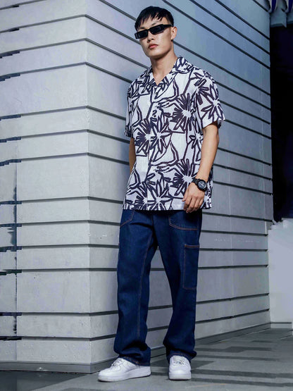House Of Koala Abstract Floral Print Linen Blend Cuban Collar Oversized Resort Shirt