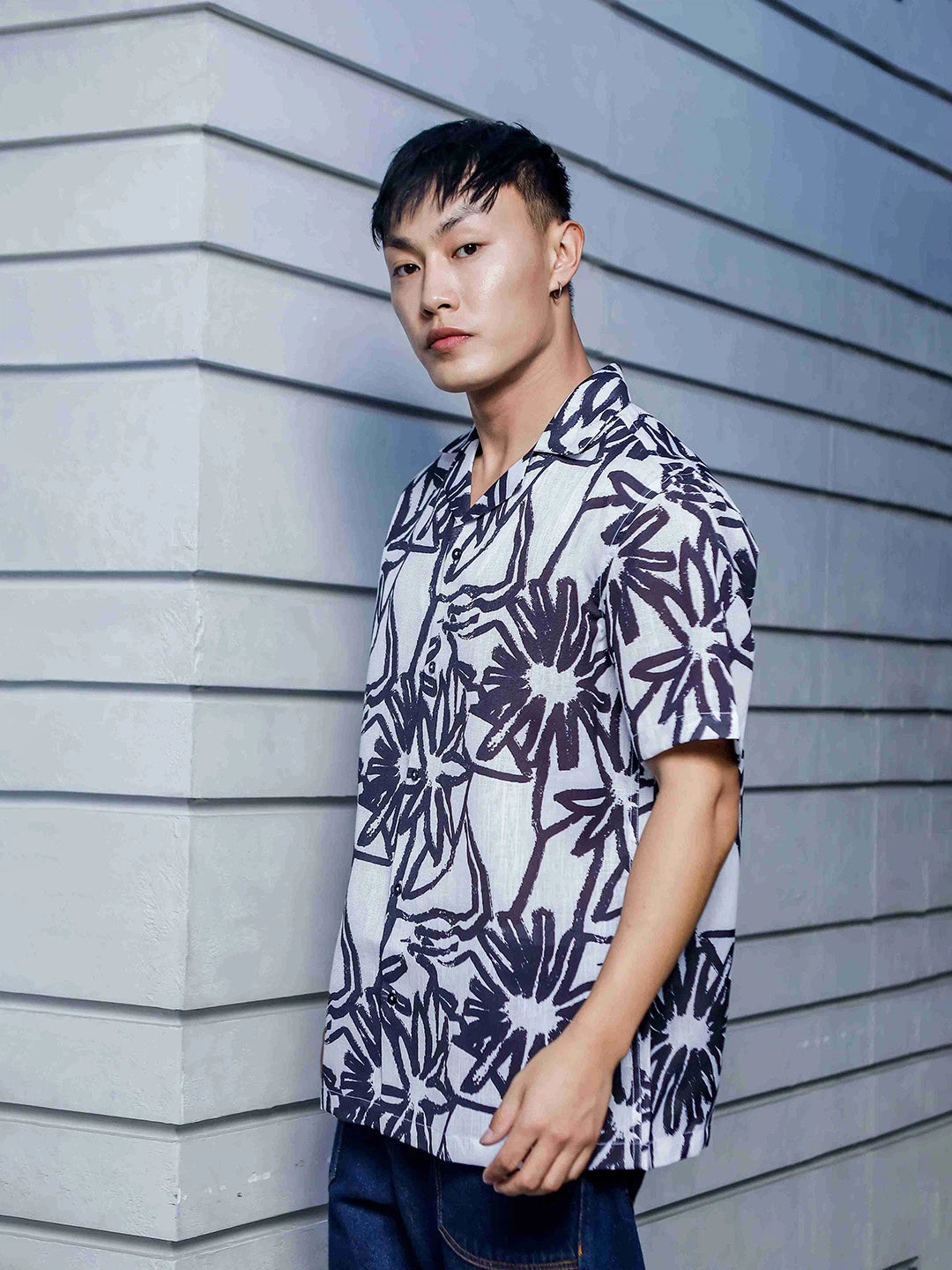 House Of Koala Abstract Floral Print Linen Blend Cuban Collar Oversized Resort Shirt