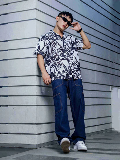 House Of Koala Abstract Floral Print Linen Blend Cuban Collar Oversized Resort Shirt