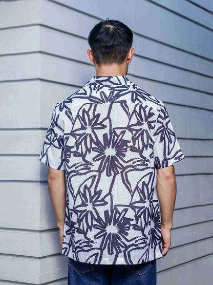 House Of Koala Abstract Floral Print Linen Blend Cuban Collar Oversized Resort Shirt