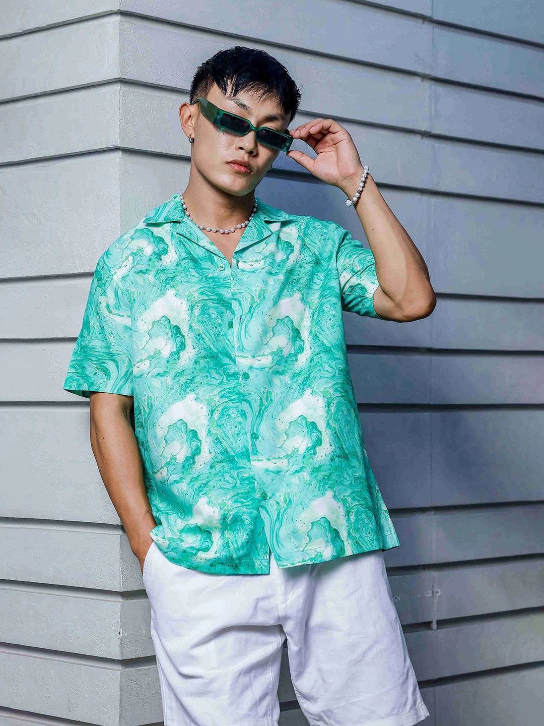 House Of Koala Green Aqua Print Relaxed Fit Cuban Collar Casual Shirt