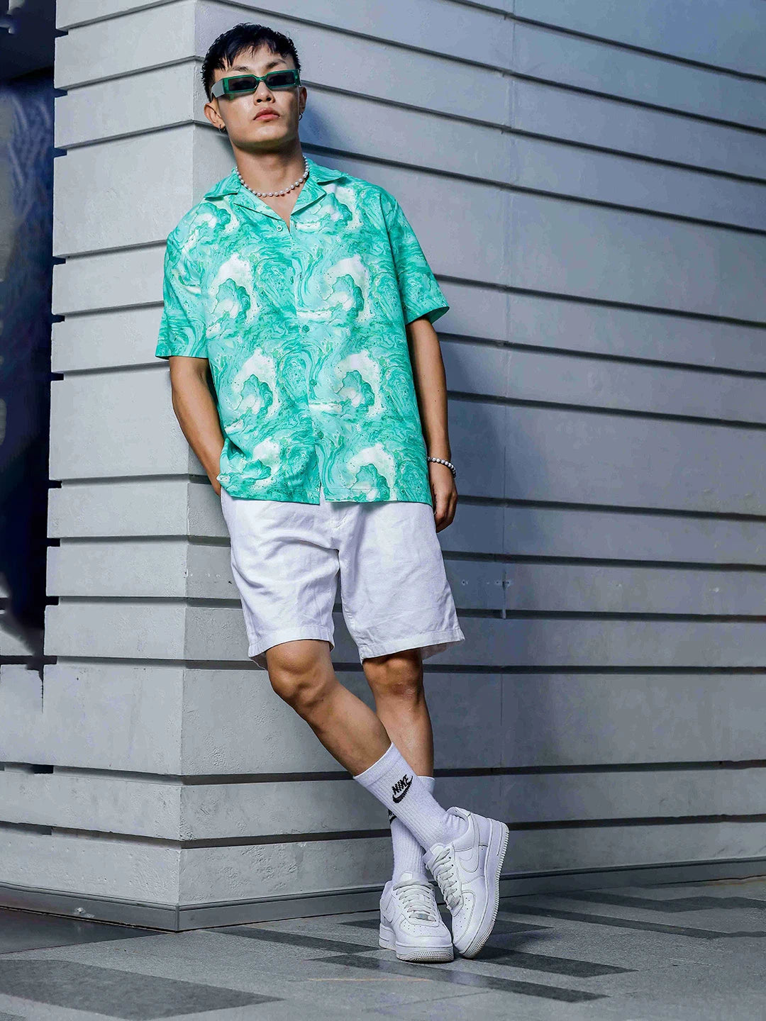 House Of Koala Green Aqua Print Relaxed Fit Cuban Collar Casual Shirt