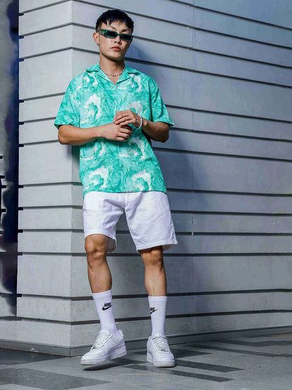 House Of Koala Green Aqua Print Relaxed Fit Cuban Collar Casual Shirt