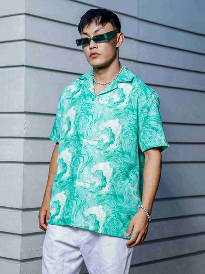 House Of Koala Green Aqua Print Relaxed Fit Cuban Collar Casual Shirt