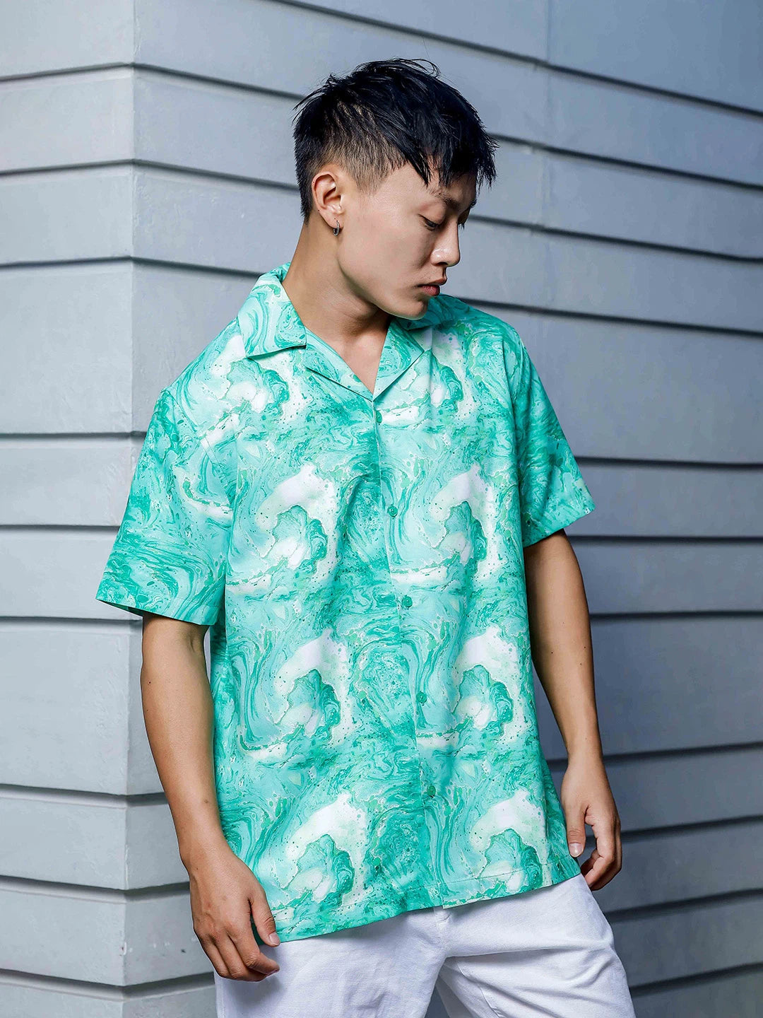 House Of Koala Green Aqua Print Relaxed Fit Cuban Collar Casual Shirt
