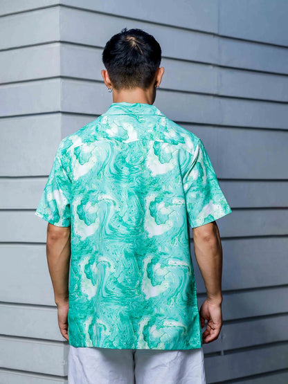 House Of Koala Green Aqua Print Relaxed Fit Cuban Collar Casual Shirt