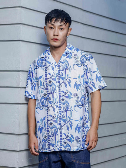 House Of Koala Abstract Tropical Print Cuban White Collar Oversized Resort Shirt