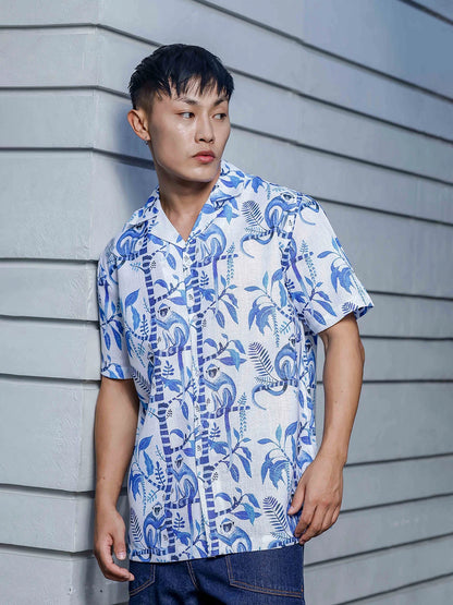 House Of Koala Abstract Tropical Print Cuban White Collar Oversized Resort Shirt