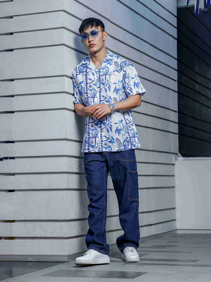 House Of Koala Abstract Tropical Print Cuban White Collar Oversized Resort Shirt