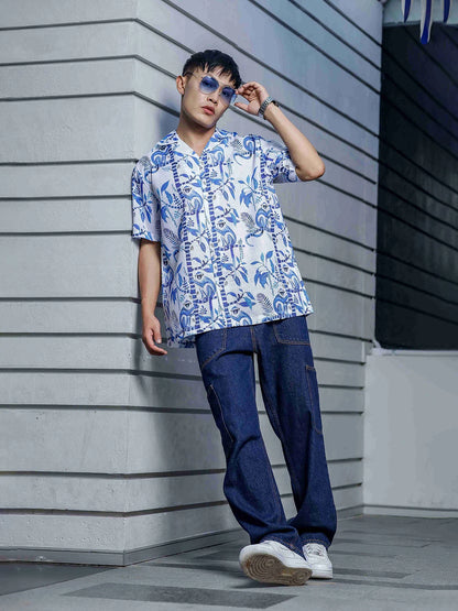 House Of Koala Abstract Tropical Print Cuban White Collar Oversized Resort Shirt