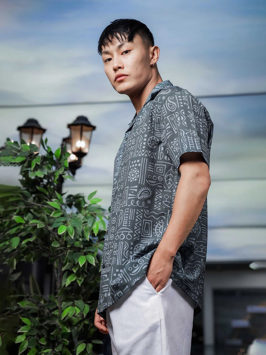House Of Koala Abstract Tribal Print Cuban Collar Relaxed Fit Resort Shirt