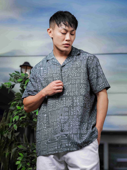House Of Koala Abstract Tribal Print Cuban Collar Relaxed Fit Resort Shirt