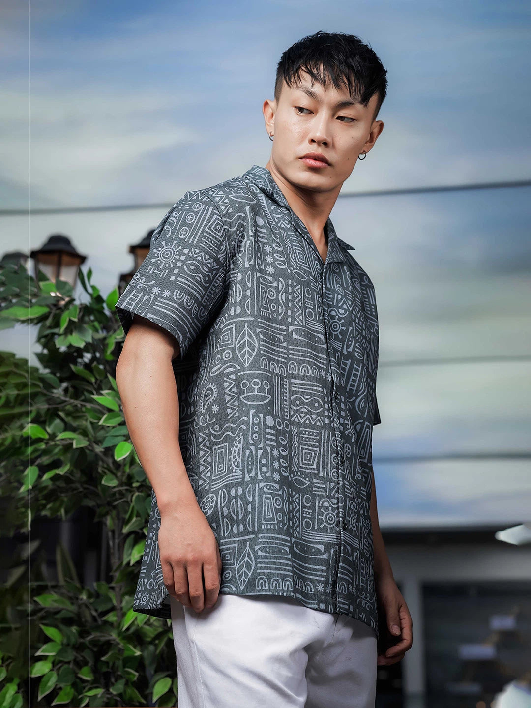 House Of Koala Abstract Tribal Print Cuban Collar Relaxed Fit Resort Shirt
