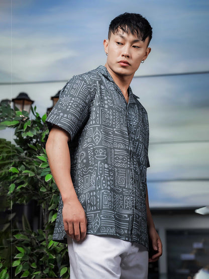 House Of Koala Abstract Tribal Print Cuban Collar Relaxed Fit Resort Shirt