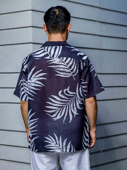 House Of Koala Black Tropical Print Cuban Collar Oversized Resort Shirt
