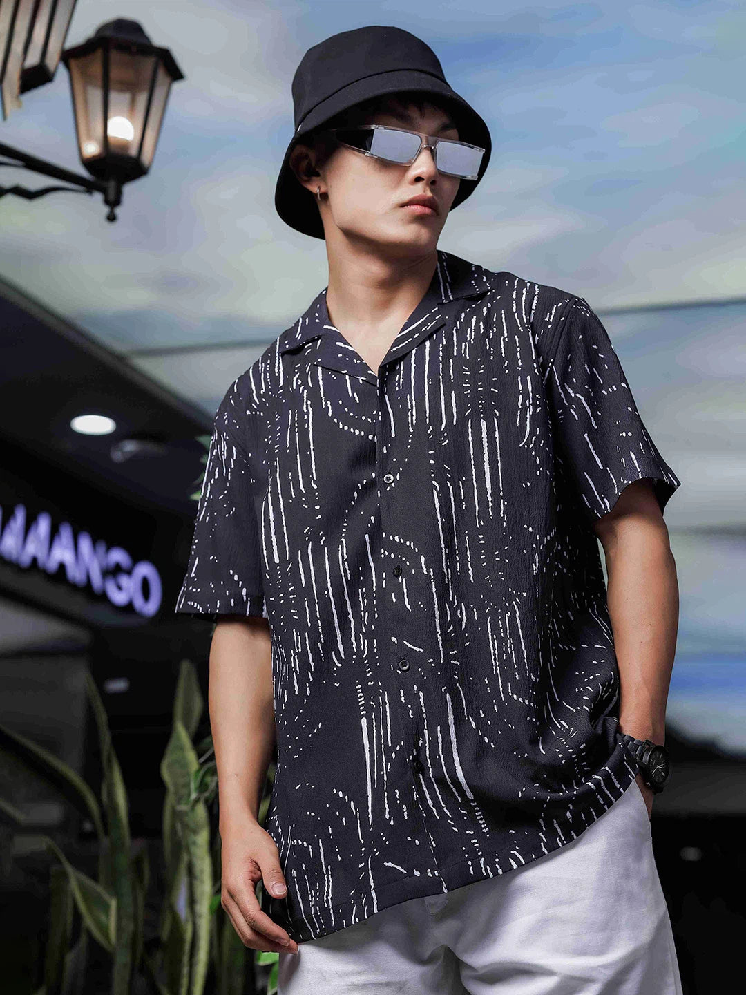 House Of Koala Black Abstract Printed Cuban Collar Relaxed Fit Resort Shirt