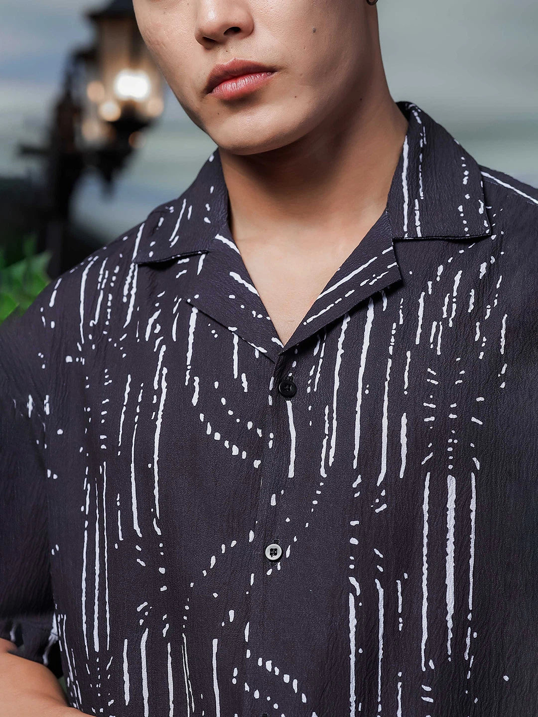 House Of Koala Black Abstract Printed Cuban Collar Relaxed Fit Resort Shirt