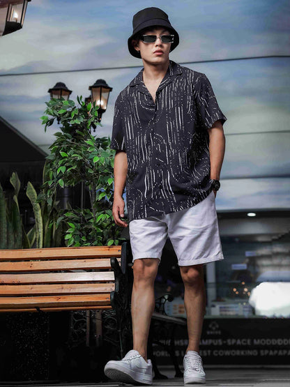 House Of Koala Black Abstract Printed Cuban Collar Relaxed Fit Resort Shirt