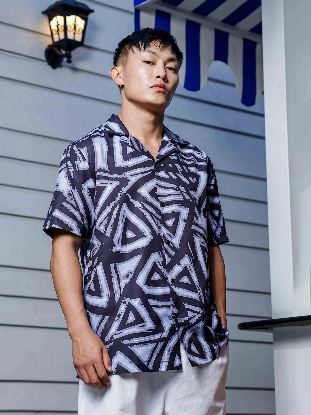 House Of Koala Black Abstract Print Cuban Collar Oversized Resort Shirt