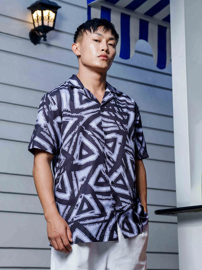 House Of Koala Black Abstract Print Cuban Collar Oversized Resort Shirt