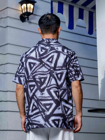 House Of Koala Black Abstract Print Cuban Collar Oversized Resort Shirt