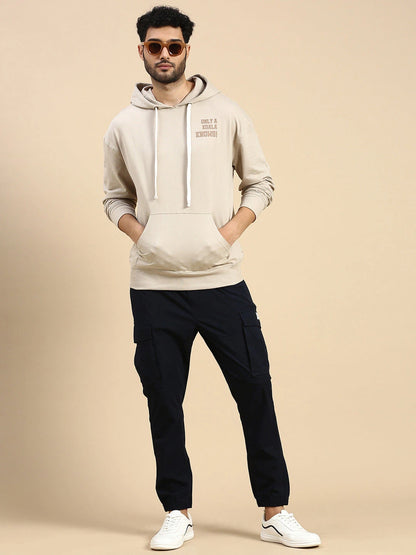 House Of Koala Beige Relaxed Fit Printed Hoodie Sweatshirt