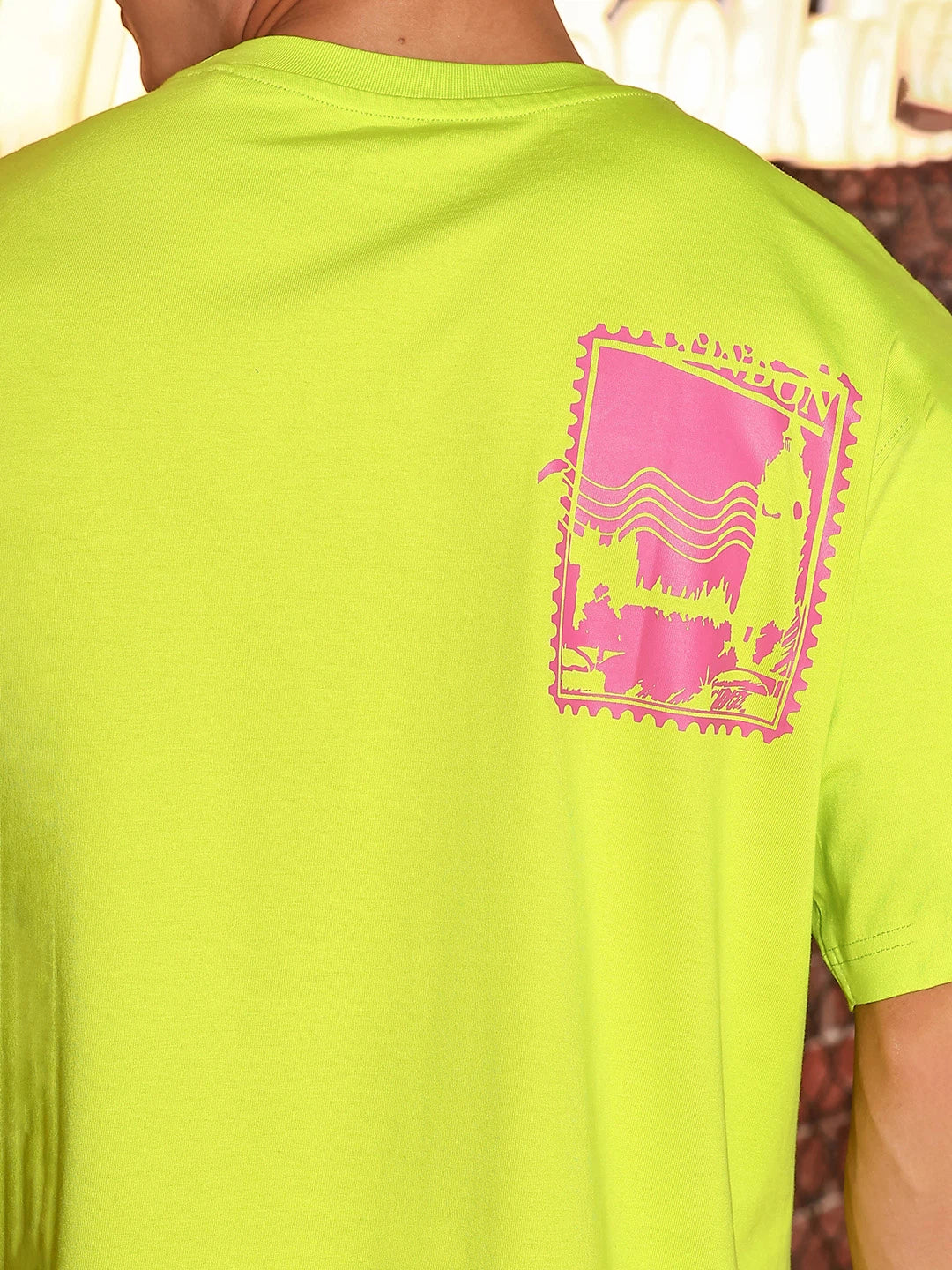 House Of Koala Neon Green Oversized Printed Drop-Shoulder Sleeve Pure Cotton T-Shirt