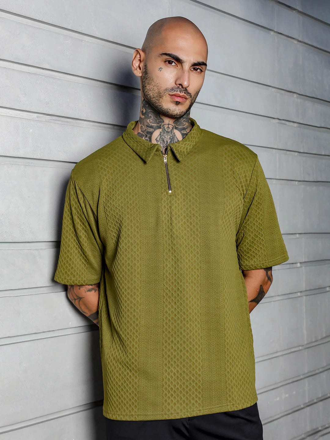 House Of Koala Olive Textured Polo Neck Oversized T-Shirt