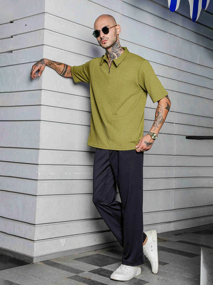 House Of Koala Olive Textured Polo Neck Oversized T-Shirt