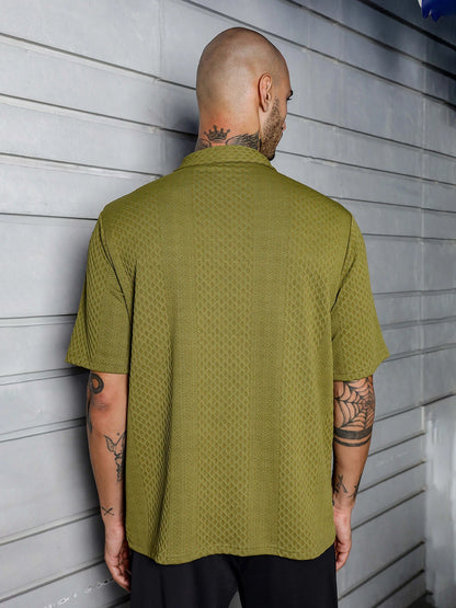 House Of Koala Olive Textured Polo Neck Oversized T-Shirt