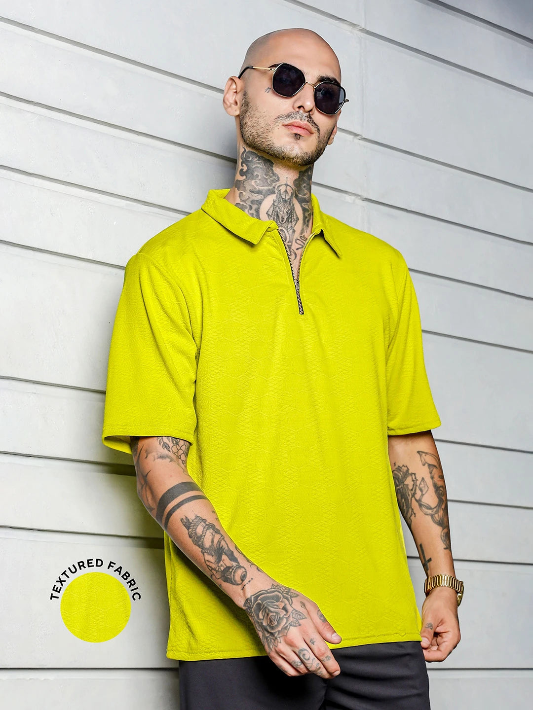 House Of Koala Lime Green Textured Polo Neck Relaxed Fit T-Shirt