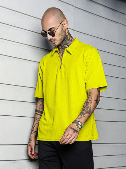 House Of Koala Lime Green Textured Polo Neck Relaxed Fit T-Shirt