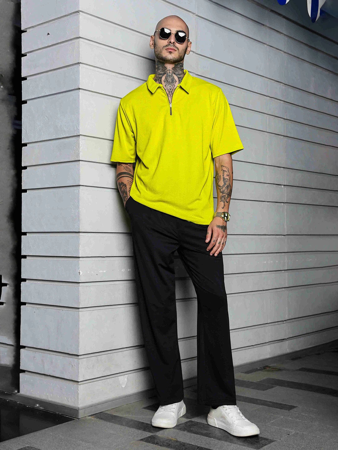 House Of Koala Lime Green Textured Polo Neck Relaxed Fit T-Shirt