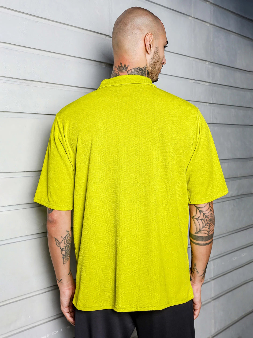 House Of Koala Lime Green Textured Polo Neck Relaxed Fit T-Shirt
