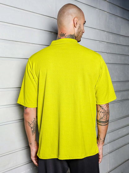 House Of Koala Lime Green Textured Polo Neck Relaxed Fit T-Shirt