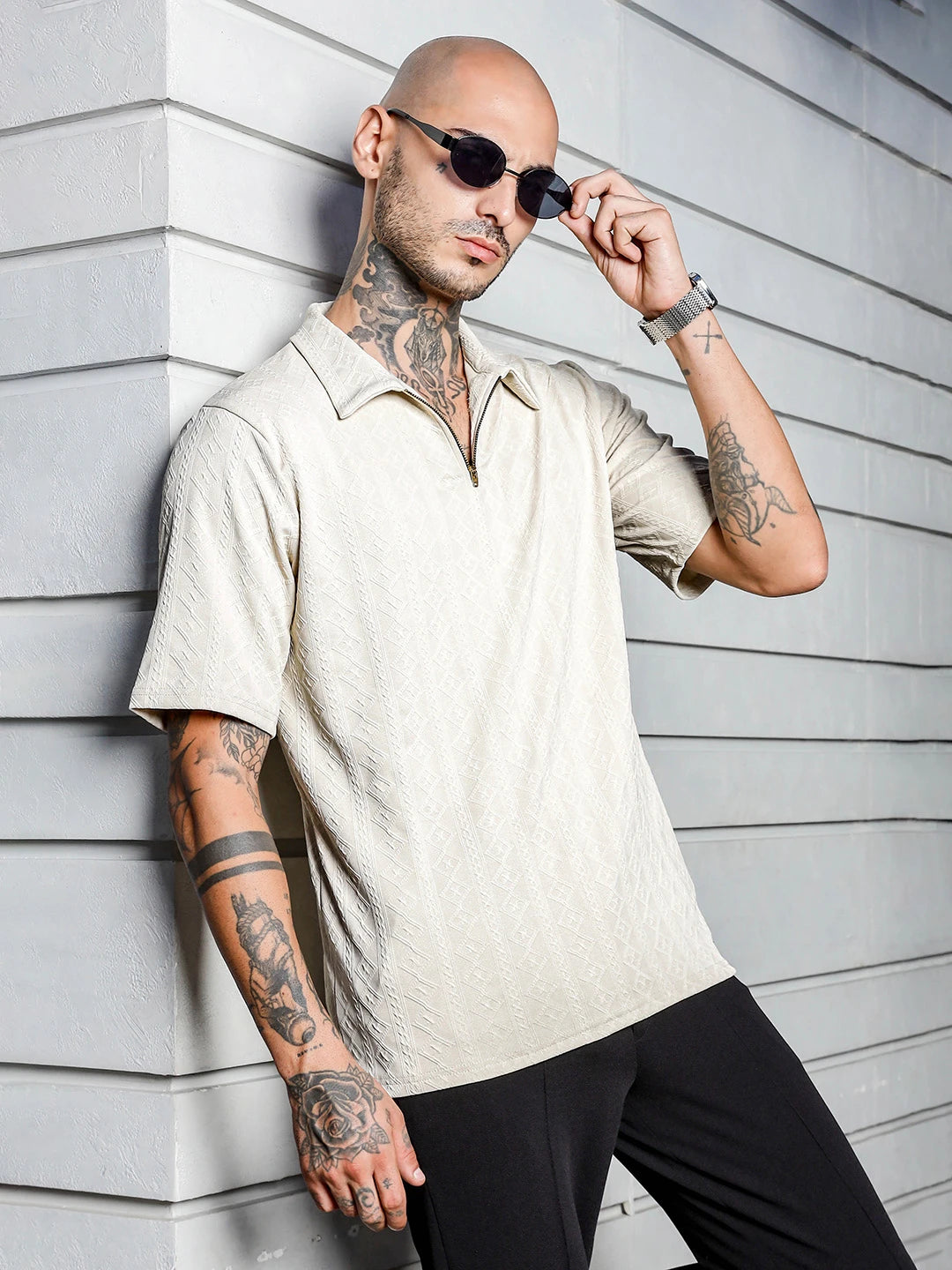 House Of Koala White Super Soft Textured Polo Neck Oversized T-Shirt