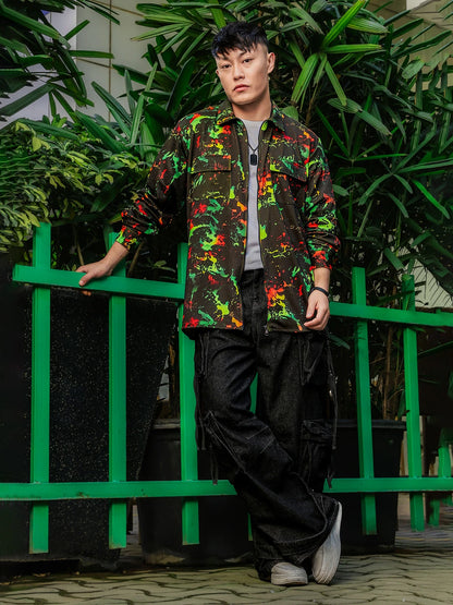 House Of Koala Black Abstract Printed Drop-Shoulder Relaxed Fit Shirt Zipper Shirt