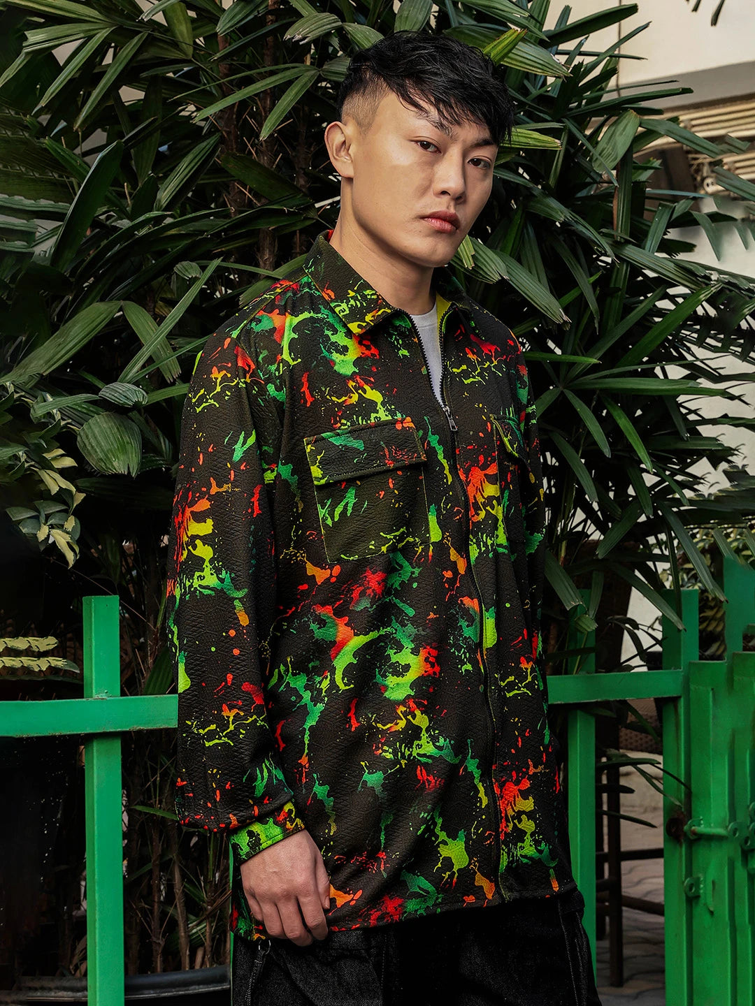 House Of Koala Black Abstract Printed Drop-Shoulder Relaxed Fit Shirt Zipper Shirt