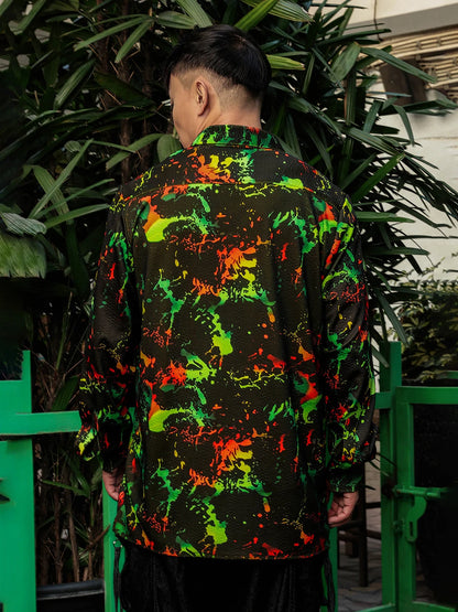House Of Koala Black Abstract Printed Drop-Shoulder Relaxed Fit Shirt Zipper Shirt