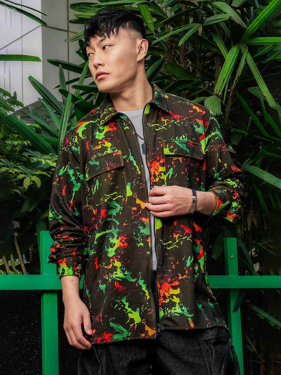 House Of Koala Black Abstract Printed Drop-Shoulder Relaxed Fit Shirt Zipper Shirt