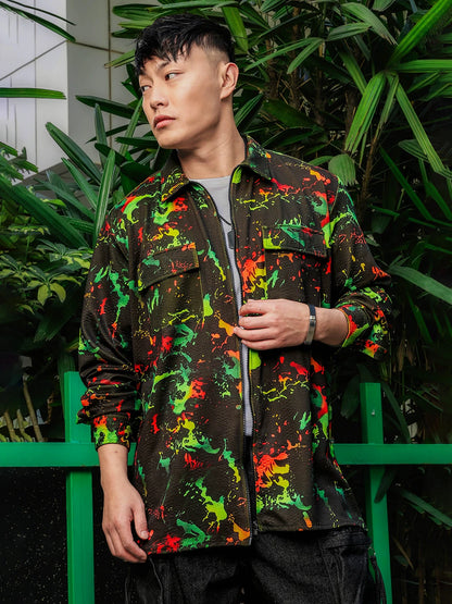 House Of Koala Black Abstract Printed Drop-Shoulder Relaxed Fit Shirt Zipper Shirt