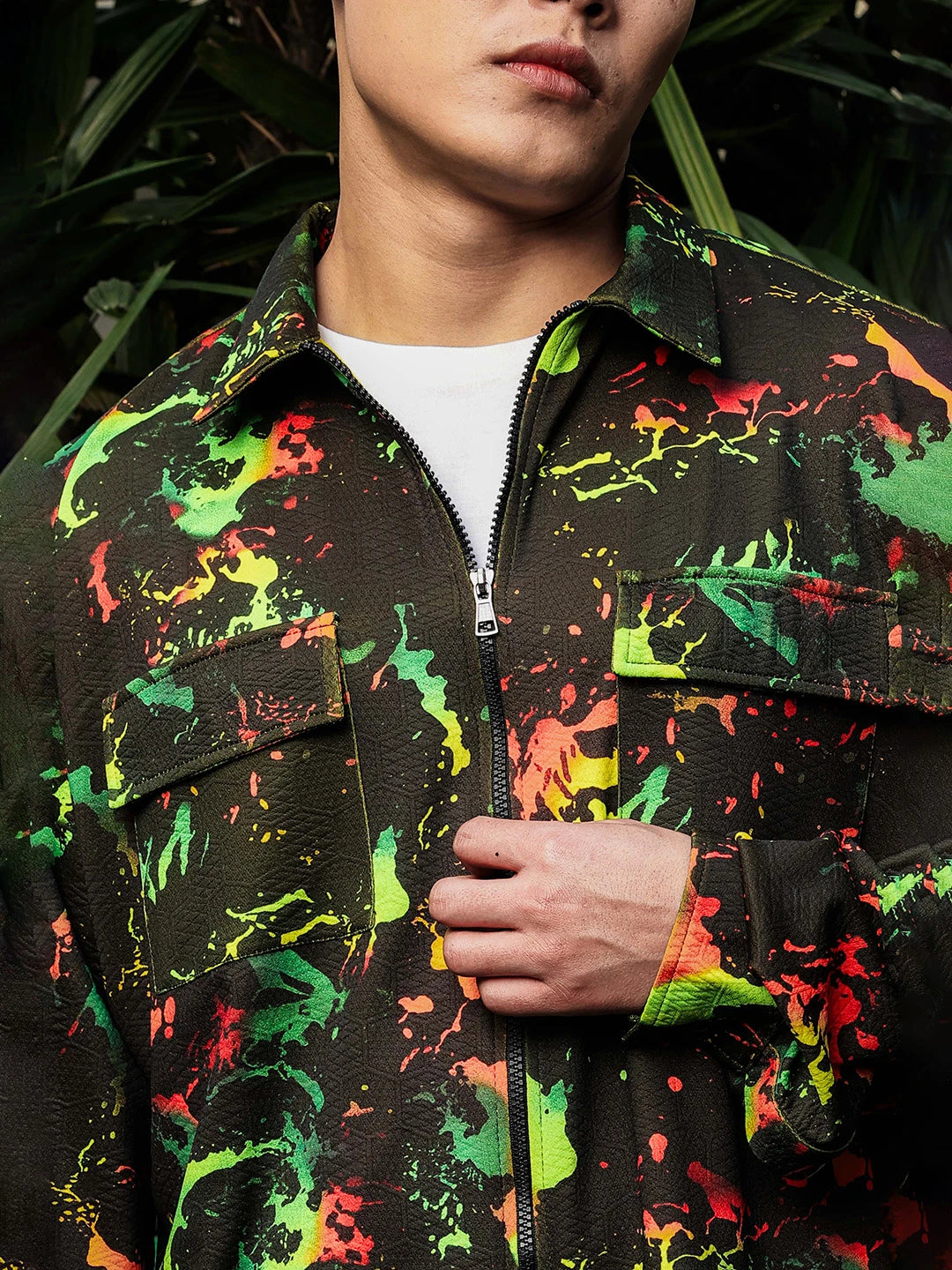 House Of Koala Black Abstract Printed Drop-Shoulder Relaxed Fit Shirt Zipper Shirt